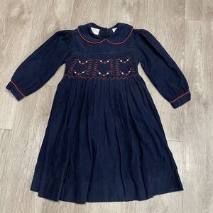 Vintage Girls Dress Smocked Corduroy Size 4 Back To School Holiday Blue Cotton